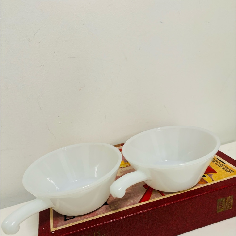 Pair of milk white anchor hawking Fireking soup bowls with handles